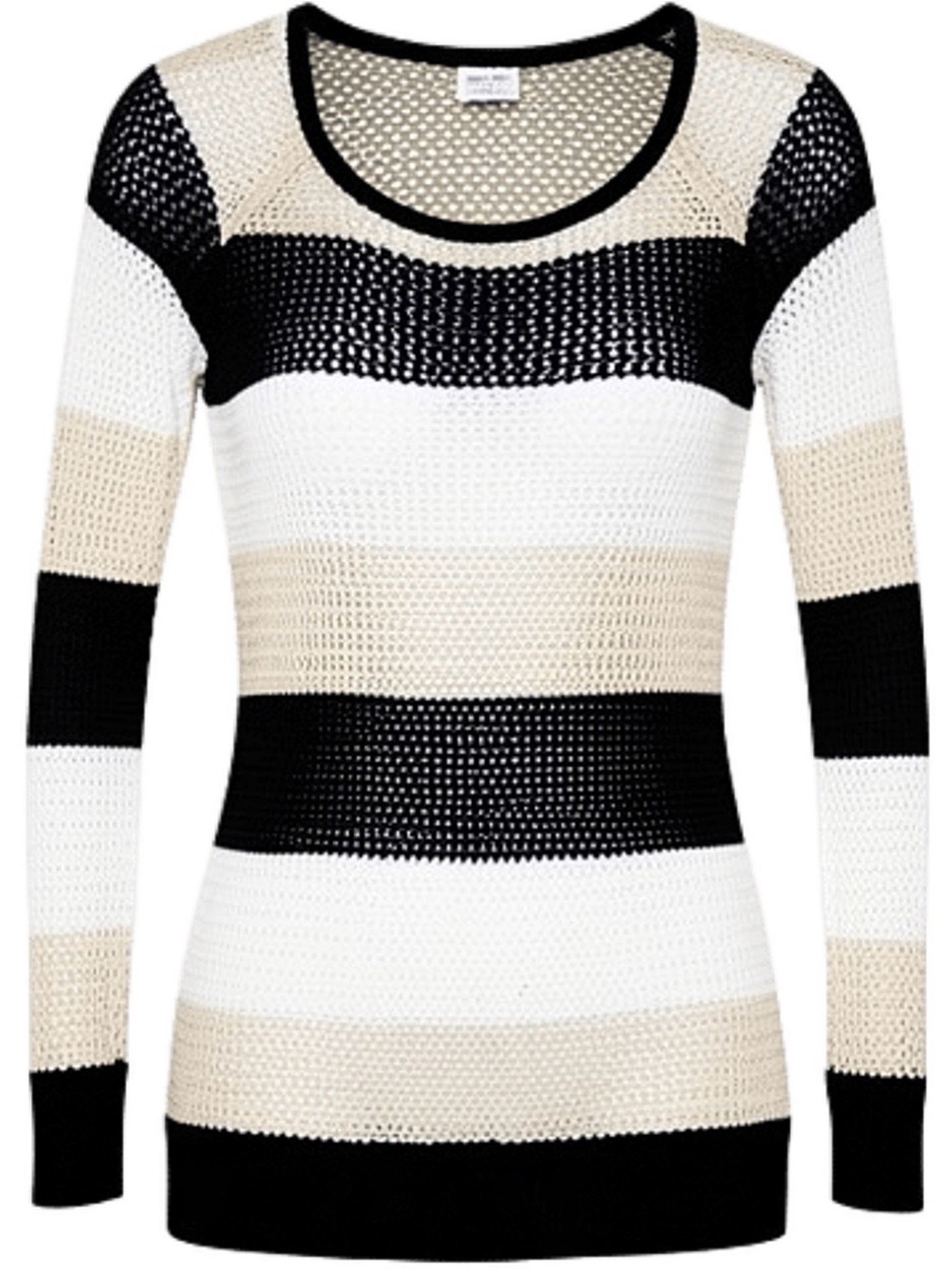 BOSTON PROPER Open-Knit Striped Crewneck Sweater in Black, White & Cream